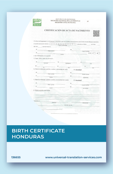 Birth certificate translation template from Honduras