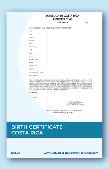 A template of Birth certificate from Costa Rica