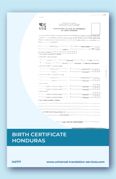 Birth certificate translation template from Honduras