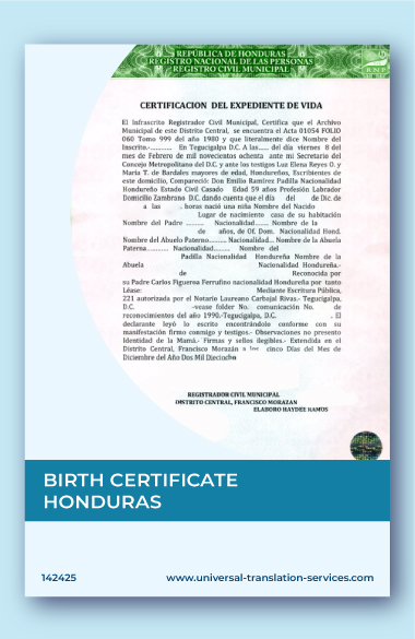 English translation of birth certificate from Honduras