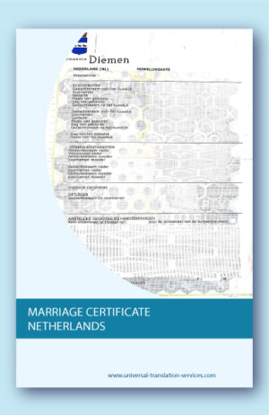 Marriage certificate translation from the Netherlands of the municipality of Diemen.