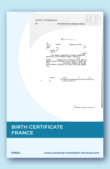 A template of birth certificate France