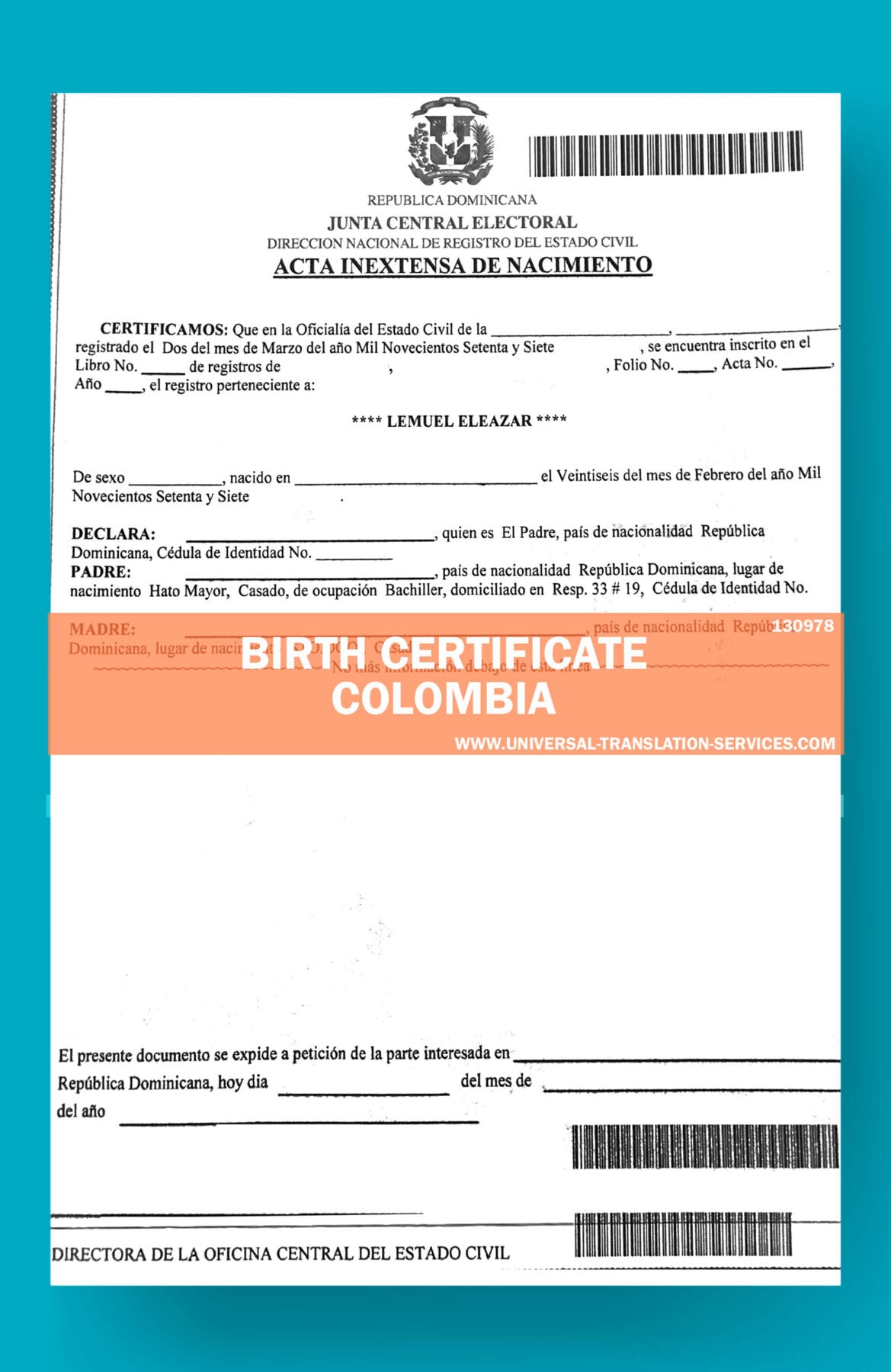 Birth Certificate Translation for Columbia (official ATA member)