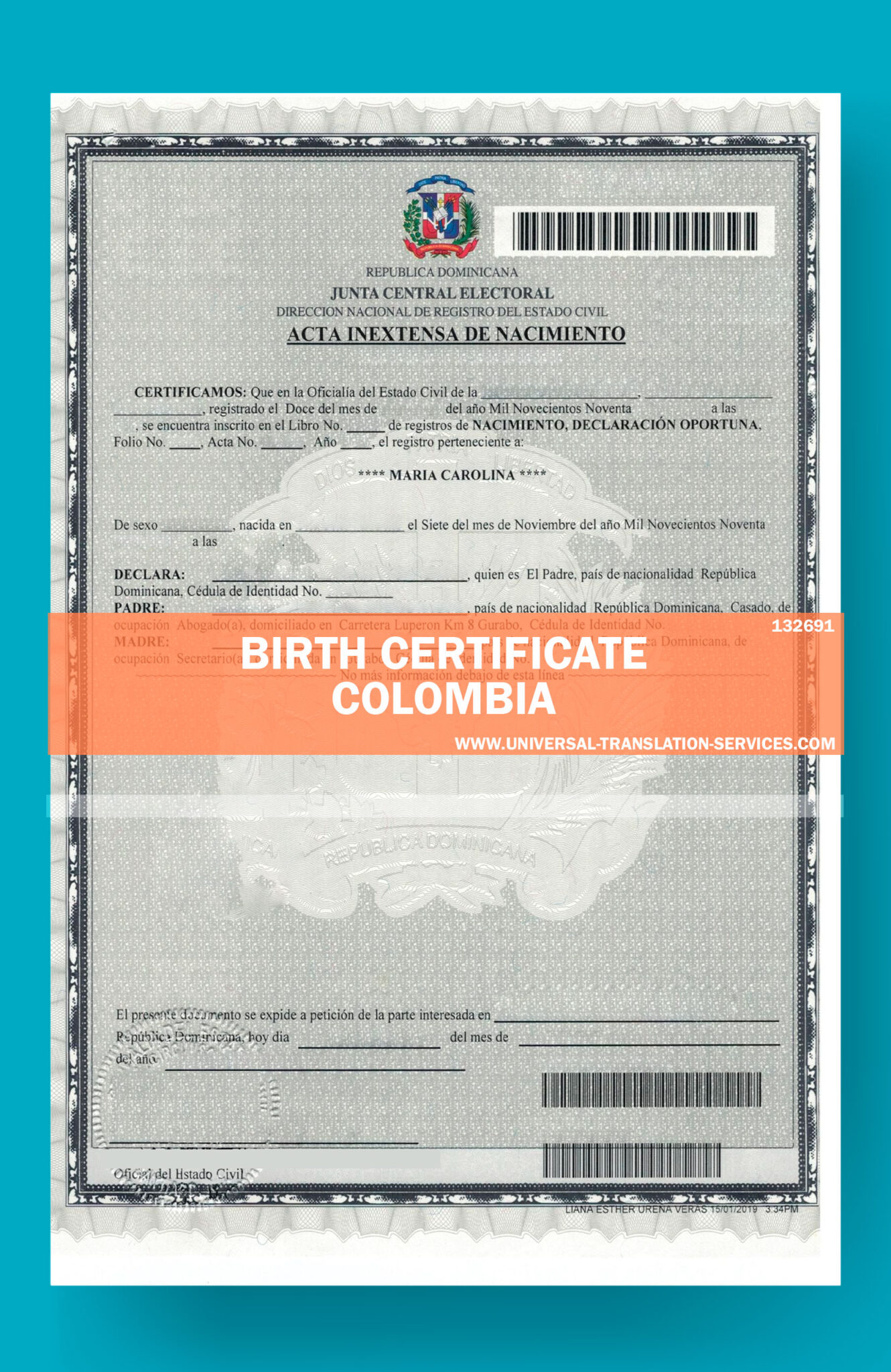 Colombian Birth certificate translation template for 15
