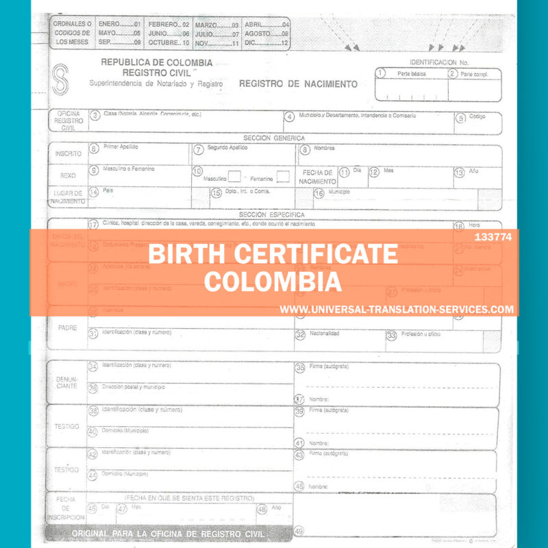 Birth Certificate Translation Template from Colombia (made by expert)