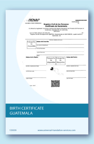 Guatemala birth certificate translated into English