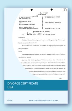 Apostille divorce decree USA translated into English