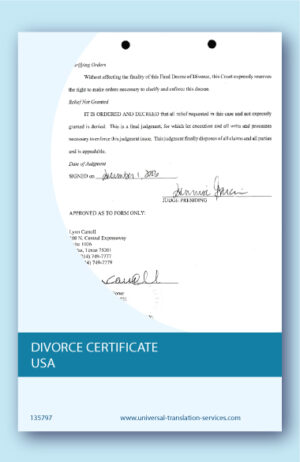 Apostille divorce decree USA translated into English