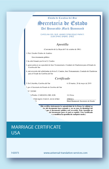 Apostille marriage certificate USA translated into English