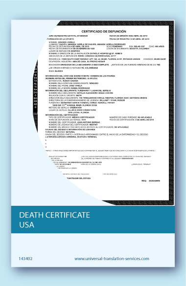 Death certificate USA translation into English