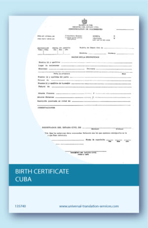 Cuban birth certificate translated into English