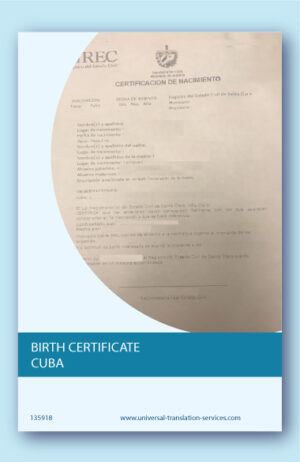 Cuban birth certificate translated into English