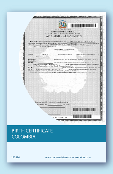 English translation of Colombian birth certificate