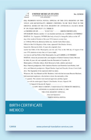 Birth certificate Mexico translated into English