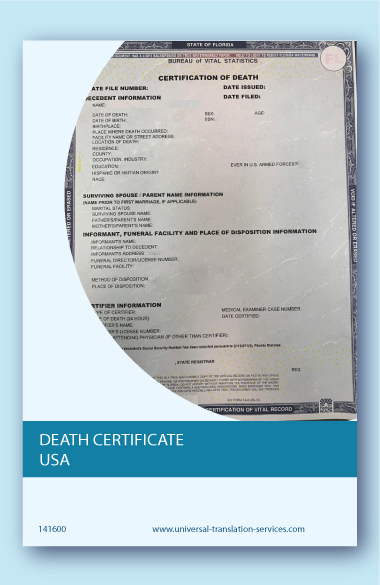 Death certificate USA translated into English